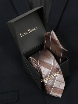 Louis Stitch - Men Checkered Brown Silk Necktie Accessory Gift Set