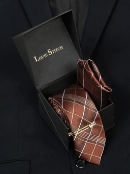 Louis Stitch - Men Checkered Brown Silk Necktie Accessory Gift Set
