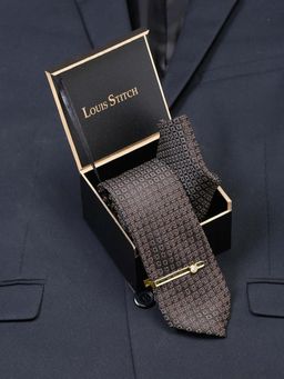 Louis Stitch - Men Chocolate Brown Silk Necktie Accessory Gift Set