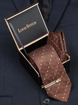 Louis Stitch - Men Polka Dots Brown Silk Necktie Accessory Gift Set