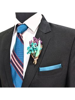 The Tie Hub - Teal Green and Purple Artificial Flower Boutonniere Brooch
