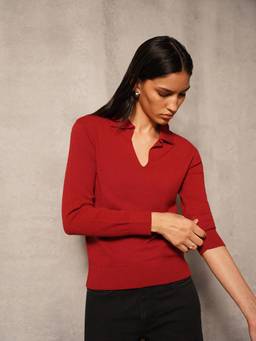 FABLE STREET - Women Viscose Relaxed Fit Full Sleeves Polo Collar Sweater