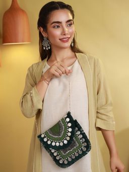 Priyaasi - Green Coin Embellished Jute Sling Bag