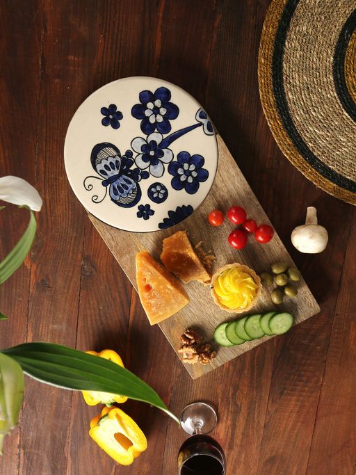 Revive Home Wood and Ceramic Cheese Board Cum Platter with Hand Painted Details Brown