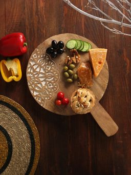 Revive Home - Round Cheese Board Cum Platter with Carved Flower Brown