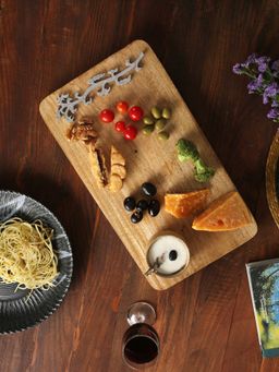Revive Home - Cheese Board Cum Platter with Silver Foiled Details and Dip Bowl Brown