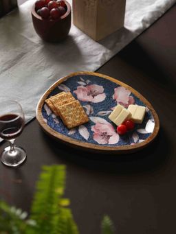Revive Home - Blue Wooden Platter with Flower Design Blue