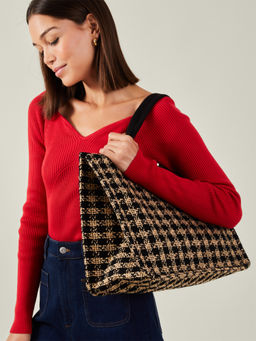 Accessorize London - Women Beige & Black Large Woven Houndstooth Handbag