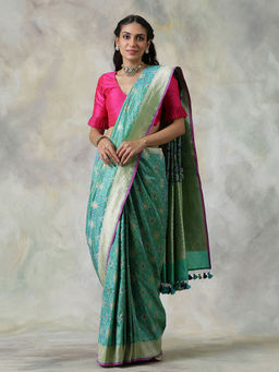 WeaverStory - Green Handloom Banarasi Patola Saree Woven In Katan Silk with Minakari