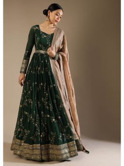 KALKI FASHION - Bottle Green Kurta With Dupatta In Silk Embroidered Floral (Set of 2)