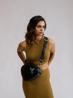 Miri - Black Hand Embroidered Origami Bird Pebble Sling Bag