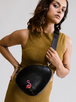Miri - Black Hand Embroidered Origami Flamingo Pebble Sling Bag