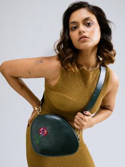 Miri - Green Hand Embroidered Origami Rose Pebble Sling Bag