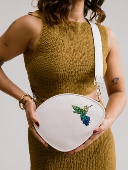 Miri - White Hand Embroidered Origami Bird Pebble Sling Bag