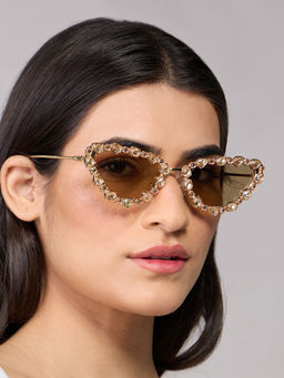 Twenty Dresses by Nykaa Fashion - Gold Zircon Embellished Metal Cat Eye Sunglasses