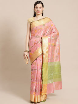 Banarasi Silk Works - Mulberry Woven Saree Pink with Unstitched Blouse