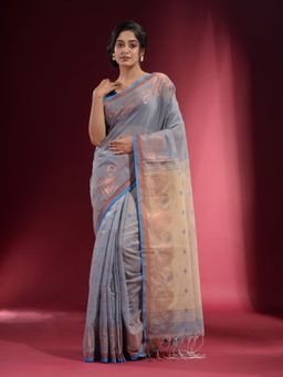 CHARUKRITI - Flint Grey with Zari Paisley and Floral Design Saree with Unstitched Blouse