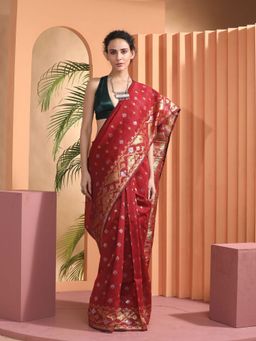 Beatitude - Red Jacquard Jamdani Saree with Unstitched Blouse