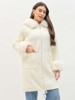 Madame - Off White Faux Fur Detailing Long Zipper Jacket