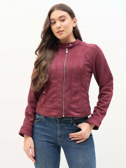 Madame - Wine Snap Button Collar Bomber Jacket