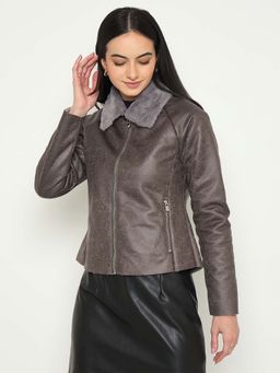 Madame - Brown Faux Fur Collar Textured Leather Jacket