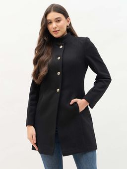 Madame - Black High Neck Textured Long Coat