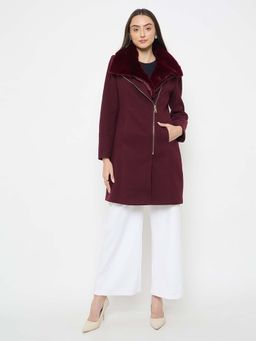 Madame - Maroon Faux Fur Neckline Long Coat