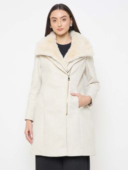 Madame - Off White Faux Fur Neckline Long Coat