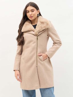 Madame - Beige Faux Fur Neckline Long Coat