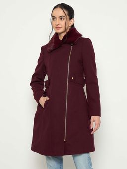 Madame - Maroon Collar Neck Full Sleeves Zipper Long Coat