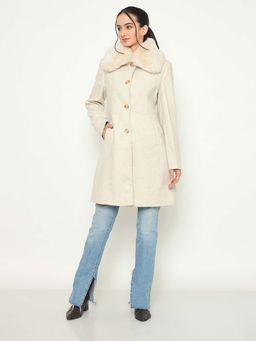 Madame - Beige Collar Neck Full Sleeves Long Coat