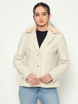 Madame - Cream Faux Fur Collar Neck Full Sleeves Blazer