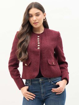 Madame - Maroon Full Sleeves Round Neck Blazer