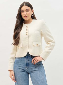 Madame - Off White Full Sleeves Round Neck Blazer