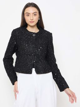 Madame - Black Round Neck Tweed Blazer