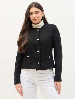 Madame - Black Round Neck Textured Short Coat