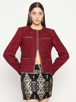 Madame - Maroon Round Neck Embellished Tweed Coat