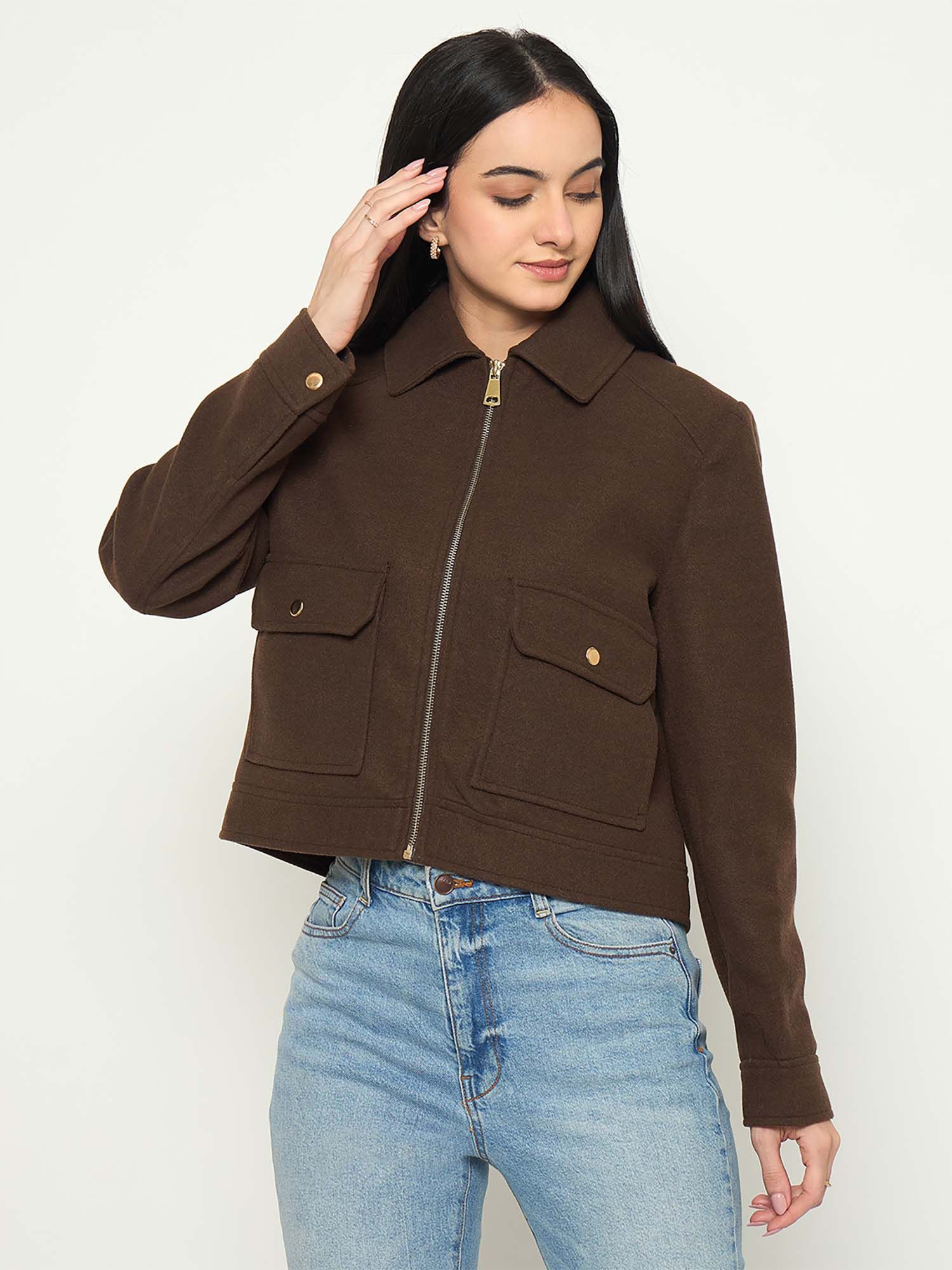 madame Brown Front Pocket Full Sleeves Zipper Shacket-picture-18