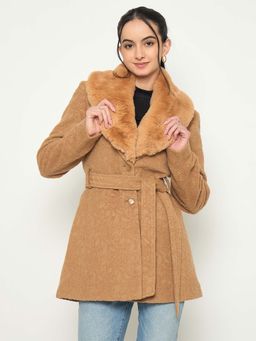 Madame - Brown Faux Fur Collar Belted Long Coat