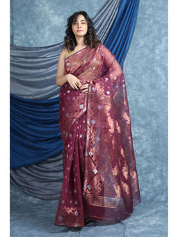 Arhi - Copper Zari Weaving Wine Jamdani Saree Without Blouse