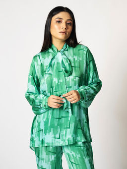 Klad - Brick Green Mandarin Neck Top with Scarf (Set of 2)