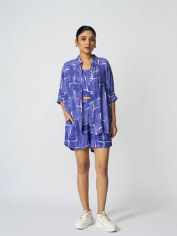 Klad - Brick Blue Collar Neck Shirt with Inner and Shorts (Set of 3)