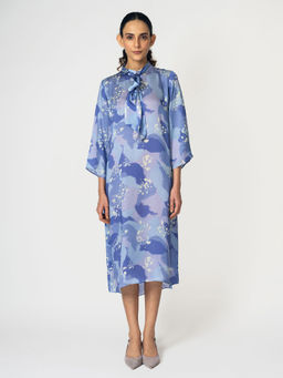 Klad - Dots Printed Mandarin Neck Dress with Scarf (Set of 2)