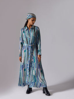 Klad - Blue Printed Collar Neck Maxi Dress with Belt (Set of 2)