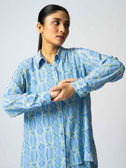 Klad - Rhombus Icy Blue Printed Collar Neck Shirt