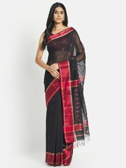 Fabindia - Black Cotton Silk Maheshwari Woven Saree without Blouse