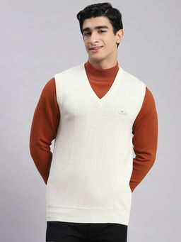 Monte Carlo - Off White Solid V Neck Sweater