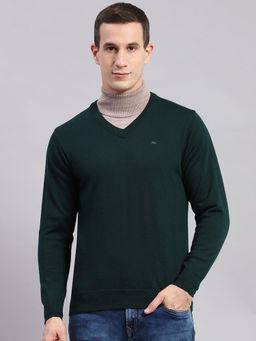 Monte Carlo - Dark Green Solid V Neck Sweater