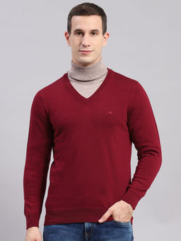 Monte Carlo - Medium Maroon Solid V Neck Sweater