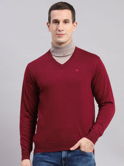 Monte Carlo - Dark Maroon Solid V Neck Sweater
